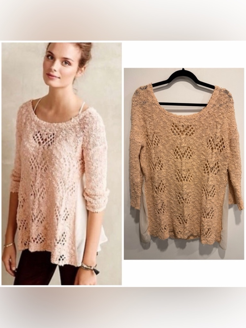 Anthropologie Open Knit Sweater Blush Pink Boho Chunky Crochet Pullover Size M